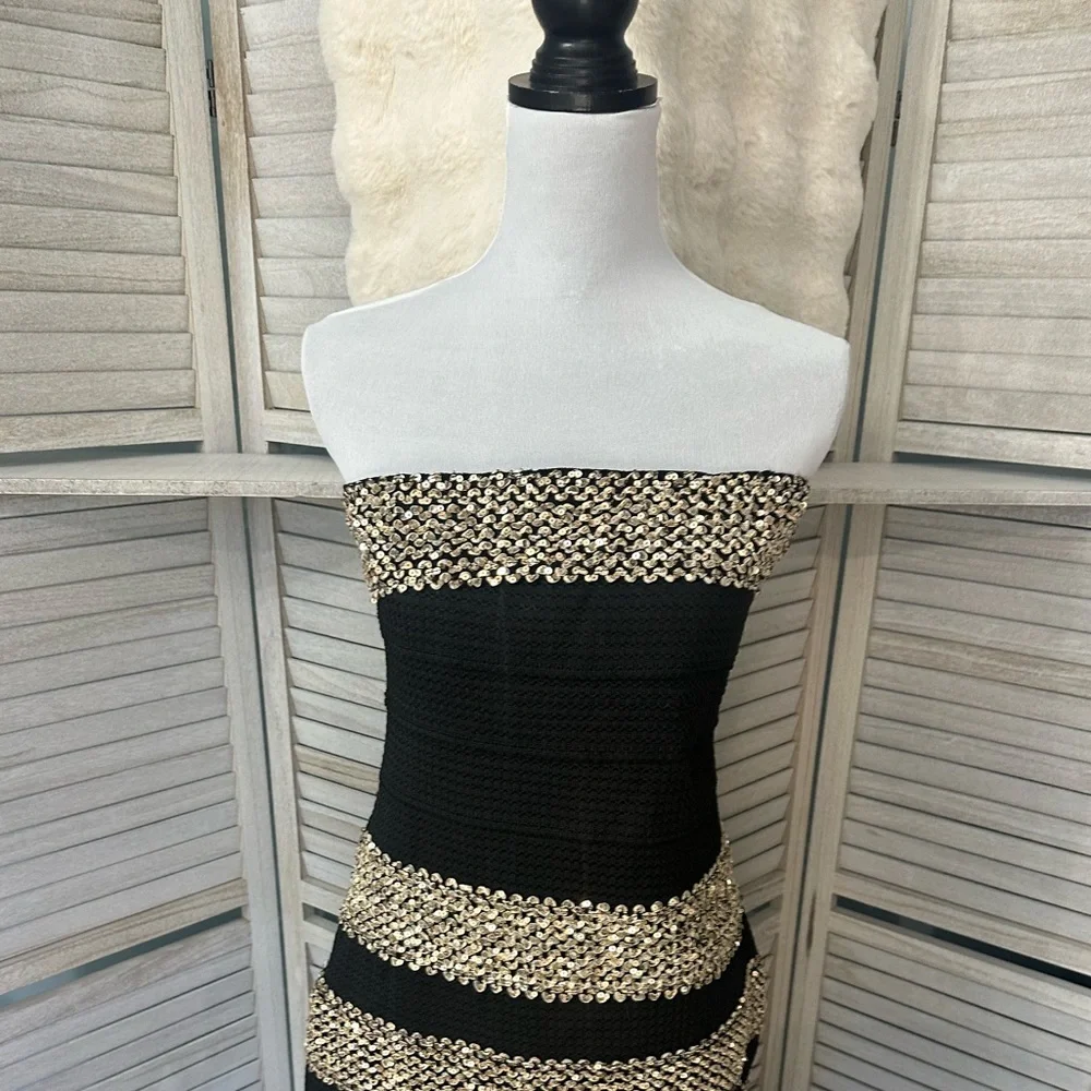 NEW•VENUS•XL• SHIMMER ON GORGEOUS BLACK & GOLD GLAM STRAPLESS BODY CON - Picture 7 of 16